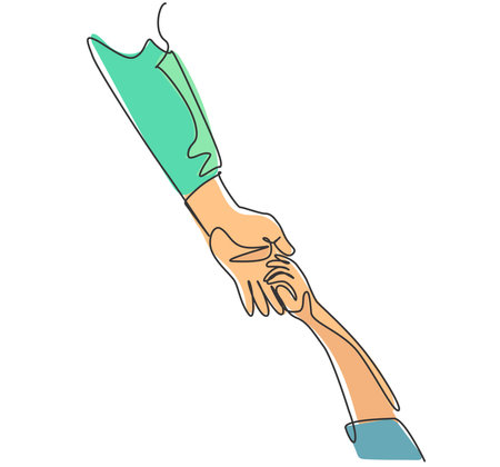 One line drawing of father giving hand to his child. Mother care in continuous line drawing design style. Parental concept vector illustrationのイラスト素材