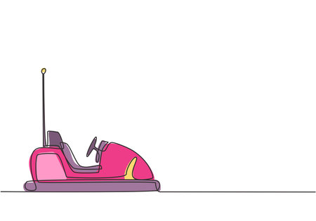 Single continuous line drawing electric dodgem car in amusement park arena with one antenna. Playing bumper car is a lot of fun for kids. Dynamic one line draw graphic design vector illustration.のイラスト素材