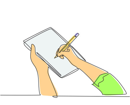 Single continuous line drawing of hand gesture fast writing on paper at clipboard. Business to do list write on notebook concept. One line draw design vector illustrationのイラスト素材