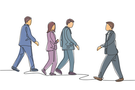 One single line drawing of young businessmen and businesswoman walking together on city street to go to the office. Urban commuter workers concept continuous line draw design vector illustrationのイラスト素材