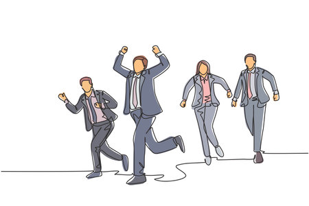 One single line drawing of group of male and female workers doing sprint race on the road track cross finish line. Business running competition concept continuous line draw design vector illustrationのイラスト素材