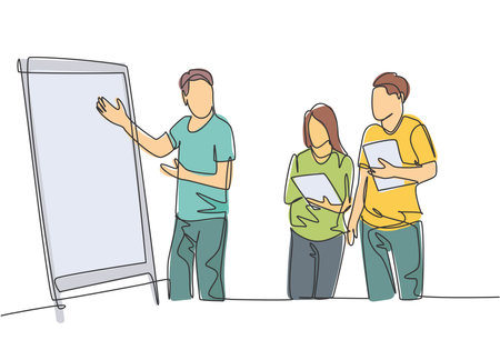 One single line drawing of young happy startup members discussing company growth and writing at flip chart. Business presentation concept continuous line graphic draw design vector illustrationのイラスト素材