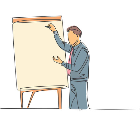 Single continuous line drawing of young business coach writing strategy to increase company growth on flip chart in front of class. Business coaching concept one line draw design vector illustrationのイラスト素材