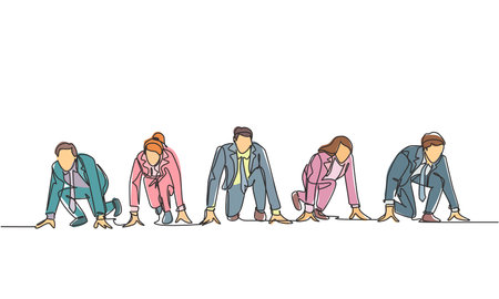 One single line drawing group of businessmen and businesswomen get ready on start line to do sprint race. Business running competition concept continuous line draw design vector graphic illustrationのイラスト素材