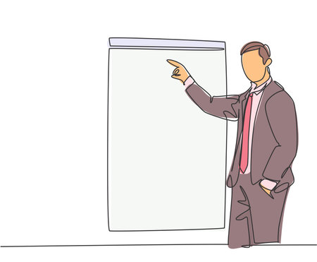 Single continuous line drawing of young business coach pointing finger to the screen board while coaching in front of class. Business coaching concept one line draw design vector graphic illustrationのイラスト素材