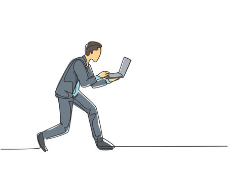 One continuous single line drawing of young rush male worker typing on laptop while he does sprint run go to office. Deadline business work concept single line draw design vector graphic illustrationのイラスト素材