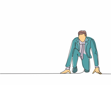 One continuous single line drawing of young happy businessman gets ready to doing sprint run on running track, from front view. Business race concept trendy single line draw design vector illustrationのイラスト素材