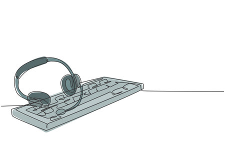 One single line drawing of headphone with microphone and keyboard on the work desk as customer service care equipment tools. Call center concept continuous line graphic draw design vector illustrationのイラスト素材