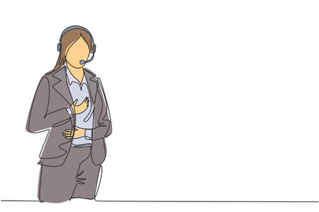 Single continuous line drawing of young happy female trainer speak in front of large audience to do motivational presentation. Public training center concept one line draw design vector illustrationのイラスト素材