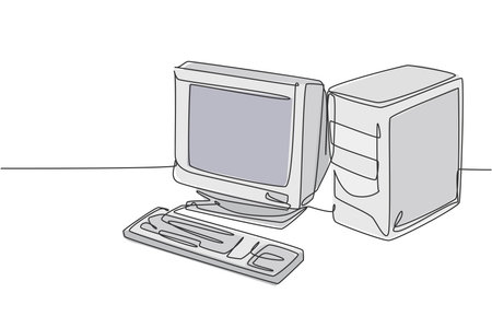 Single continuous line drawing of of retro old classic personal computer processor unit. Vintage cpu...