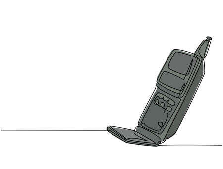 One single line drawing of old retro flip cellular phone. Vintage classic mobile phone to communicate concept continuous line graphic draw design vector illustrationのイラスト素材