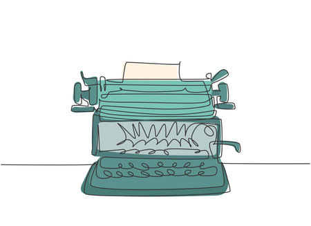 One continuous line drawing of retro old vintage typewriter front from view. Classic office item concept single line draw design vector graphic illustrationのイラスト素材