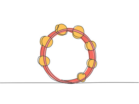 One continuous line drawing of round circle tambourine. Dynamic percussion music instruments concept single line draw graphic design vector illustrationのイラスト素材