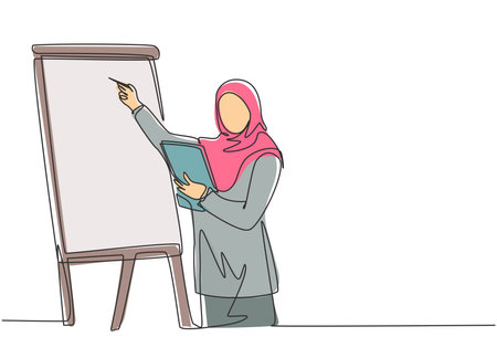 One continuous line drawing of young muslim businesswoman female do business presentation while team meeting at flip chart. Islamic clothing hijab and veil. Single line draw design vector illustrationのイラスト素材