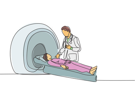 One continuous line drawing of young male doctor do MRI procedure to CT scanning male cancer patient. Medical treatment service concept single line draw design vector illustrationのイラスト素材