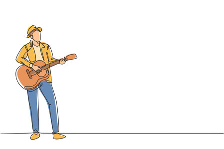 One continuous line drawing of young happy male guitarist wearing hat and playing acoustic guitar on street road. Trendy musician artist performance concept single line draw design vector illustrationのイラスト素材