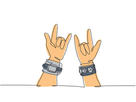 Single continuous line drawing of rocker showing hand gesture of rock music. Modern musician artist performance concept one line draw graphic design vector illustrationのイラスト素材