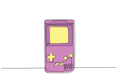 Single continuous line drawing of portable arcade video game watch. Vintage console game item concept one line graphic draw design vector illustrationのイラスト素材