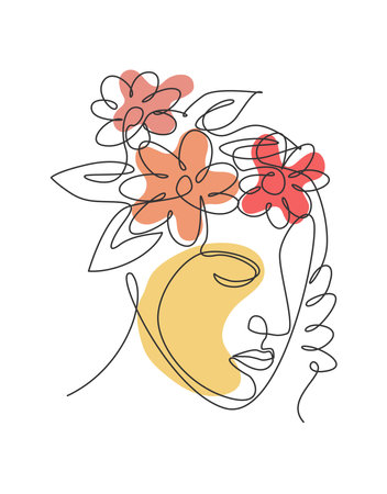 One single line drawing abstract face with natural flowers vector illustration. Beauty woman portrait minimalistic style concept for wall decor art print. Modern continuous line graphic draw designのイラスト素材
