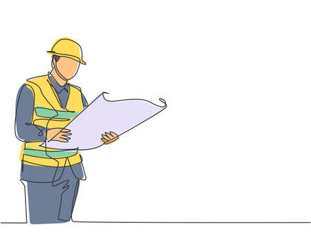 One continuous line drawing of young foreman manager controlling the construction of building. Building architecture business concept. Single line draw vector graphic design illustrationのイラスト素材