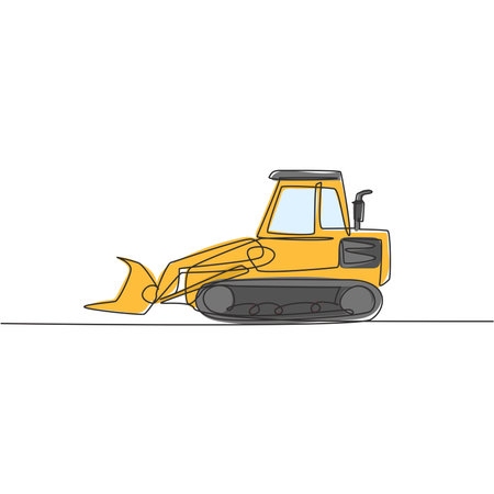Single continuous line drawing of bulldozer for road repair, business commercial vehicle. Heavy...