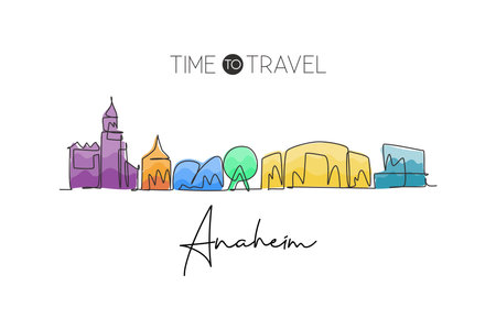 One single line drawing of Anaheim city skyline, California. Historical town landscape in the world. Best holiday destination. Editable stroke trendy continuous line draw design vector illustrationのイラスト素材