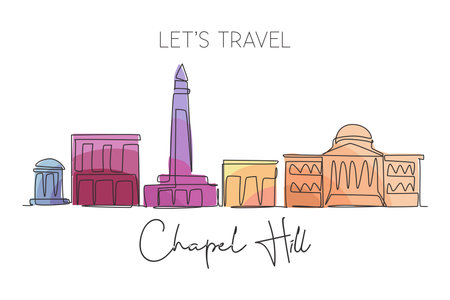 One single line drawing of Chapel Hill city skyline, North Carolina. Town landscape for home wall decor poster. Best holiday destination. Trendy continuous line draw graphic design vector illustrationのイラスト素材