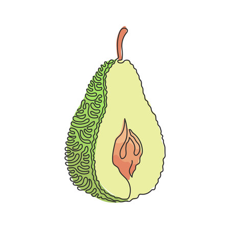 Continuous one line drawing sliced healthy organic pear for orchard logo identity. Fresh summer fruitage concept for fruit garden icon. Swirl curl style. Single line draw design vector illustrationのイラスト素材