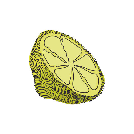 Continuous one line drawing sliced healthy organic lemon for orchard logo identity. Fresh zest...