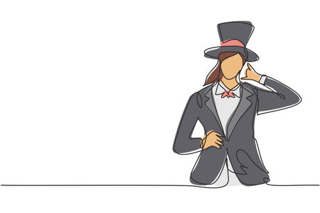 Continuous one line drawing female magician with call me gesture wearing hat and magic uniform ready to entertain audience at television show. Single line draw design vector graphic illustrationのイラスト素材