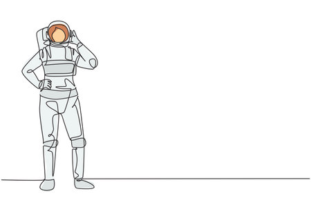 Single continuous line drawing female astronaut stands with call me gesture wearing spacesuit exploring earth, moon, other planets in universe. Dynamic one line draw graphic design vector illustrationのイラスト素材