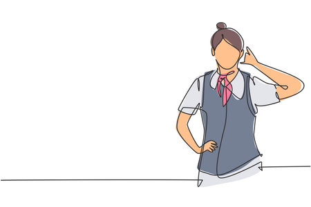 Single one line drawing flight attendant with call me gesture ready to serve airplane passengers in a friendly and warm manner. Success person. Continuous line draw design graphic vector illustrationのイラスト素材