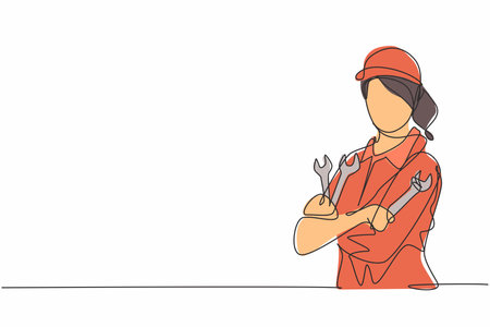 Continuous one line drawing of young female mechanic pose cross arms while holding set of wrench. Professional job profession minimalist concept. Single line draw design vector graphic illustrationのイラスト素材