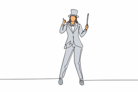 Single continuous line drawing female magician stands with thumbs-up gesture wearing a hat and holding a magic wand performing tricks at a circus show. One line draw graphic design vector illustrationのイラスト素材
