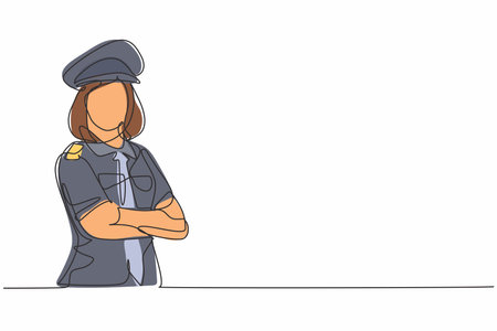 Single one line drawing of young beauty female pilot in uniform cross arm on chest. Professional work profession and occupation minimal concept. Continuous line draw design graphic vector illustrationのイラスト素材