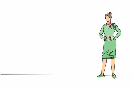 Single one line drawing young female stewardess standing posing with hands on hip. Professional work profession and occupation minimal concept. Continuous line draw design graphic vector illustrationのイラスト素材