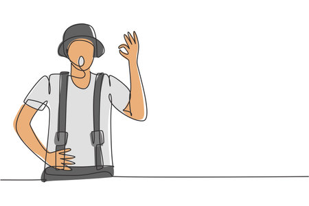 Single one line drawing of mime artist with gesture okay and white face make-up puts on a silent motion comedy show at circus arena. Modern continuous line draw design graphic vector illustrationのイラスト素材