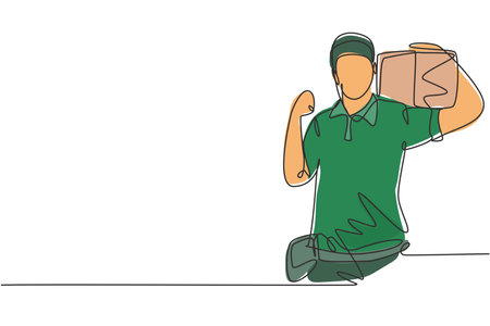 Single continuous line drawing deliveryman with celebrate gesture, carrying the package box to be delivered to customers with the best service. Dynamic one line draw graphic design vector illustrationのイラスト素材