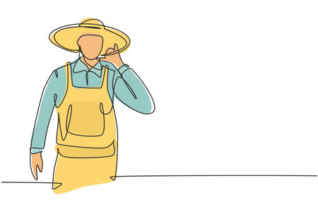 Single continuous line drawing farmer with call me gesture wearing straw hat and uniform working on farm at village. Success business concept. Dynamic one line draw graphic design vector illustrationのイラスト素材