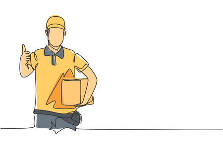 Continuous one line drawing delivery man with a thumbs-up gesture, carrying the package box to be delivered to customers with the best service. Single line draw design vector graphic illustration.のイラスト素材