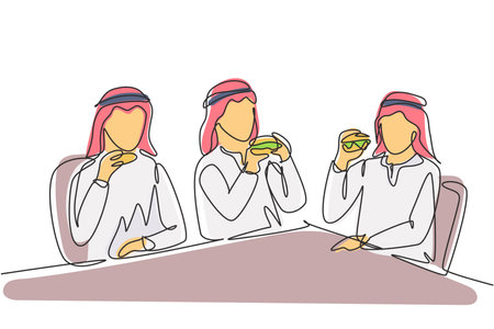 Single one line drawing young Arabian men together. Friends eating fast food meal in restaurant. People sitting and having dinner hamburgers. Continuous line draw design graphic vector illustrationのイラスト素材