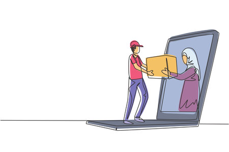 Single continuous line drawing Arabian female customer receives boxed package, through laptop screen from courier. Online delivery service. Dynamic one line draw graphic design vector illustrationのイラスト素材