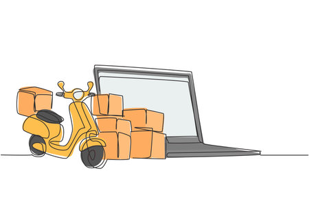 Single continuous line drawing giant laptop standing in front of courier scooter and pile of package boxes. Online delivery service concept. Dynamic one line draw graphic design vector illustrationのイラスト素材