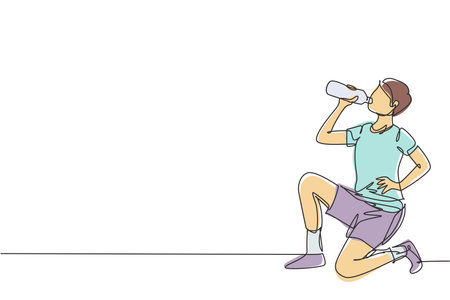 Single one line drawing young man drinking water in bottle while squatting after running. Morning exercise causes thirst and dehydration. Modern continuous line draw design graphic vector illustrationのイラスト素材