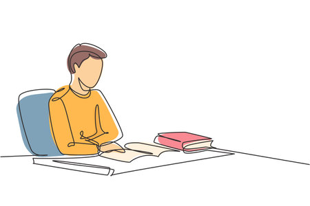 Single one line drawing young man reading, learning and sitting on chair around table. Study in library. Intelligent student, education concept. Continuous line draw design graphic vector illustrationのイラスト素材