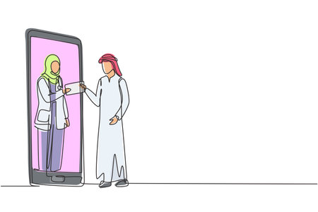 Single one line drawing Arabian male patient receiving prescription from hijab female doctor in smartphone. Online medical consultation. Modern continuous line draw design graphic vector illustrationのイラスト素材