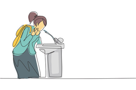 Single continuous line drawing a young woman who is thirsty drinking at the ready-to-drink taps that are widely available in public spaces. Dynamic one line draw graphic design vector illustrationのイラスト素材