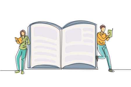 Single one line drawing students woman and man reading, learning and standing beside open huge book. Literature lovers, education concept, fair. Continuous line draw design graphic vector illustrationのイラスト素材
