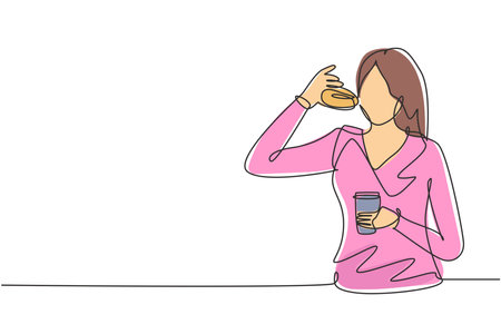 Single one line drawing young woman having donut meal and drink cup of coffee with hand. Enjoy breakfast. Delicious and healthy food. Modern continuous line draw design graphic vector illustrationのイラスト素材