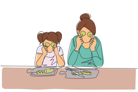 Continuous one line drawing cute little girl and her beautiful mom are holding slices of cucumber and smiling while cooking in kitchen at home. Single line draw design vector graphic illustrationのイラスト素材